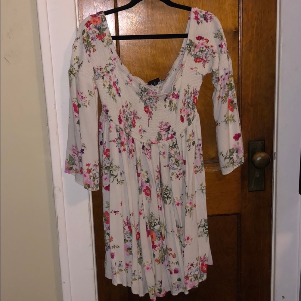 TORRID FLORAL PRINT SMOCKED BELL SLEEVE DRESS
